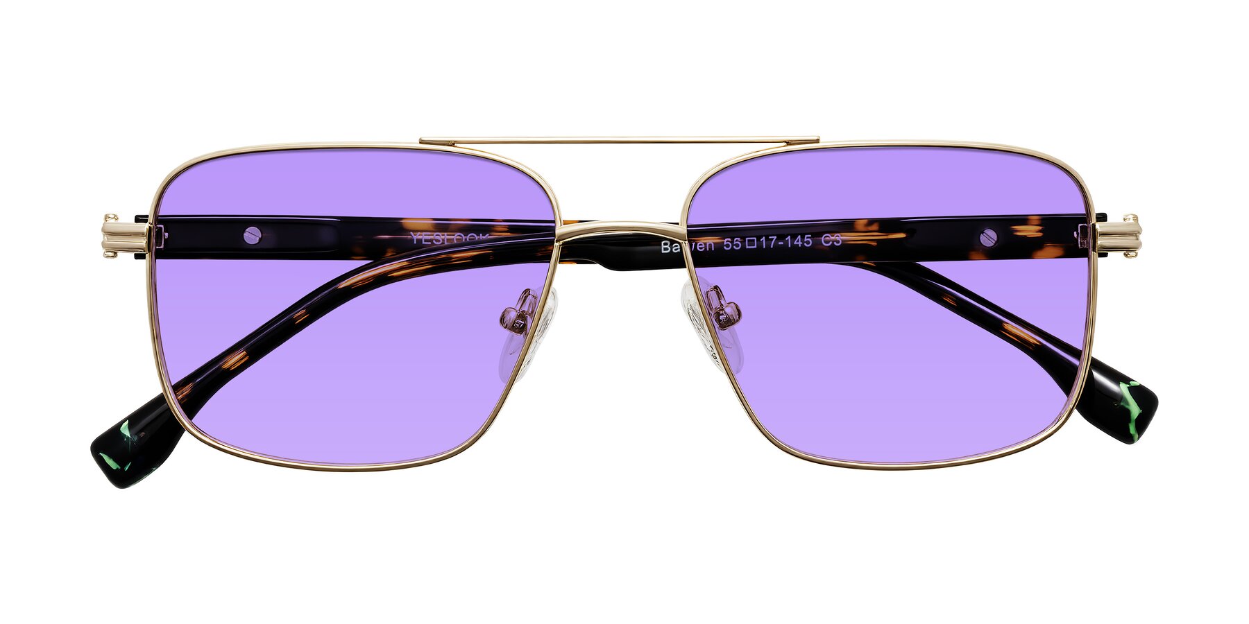 Folded Front of Banten in Gold with Medium Purple Tinted Lenses