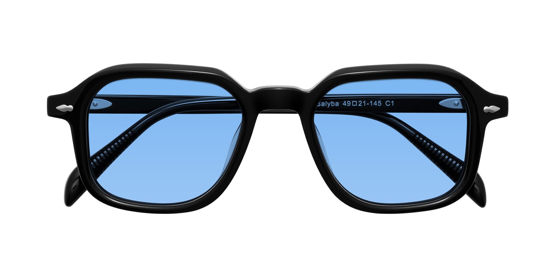 Folded Front of Salyba in Black with Medium Blue Tinted Lenses