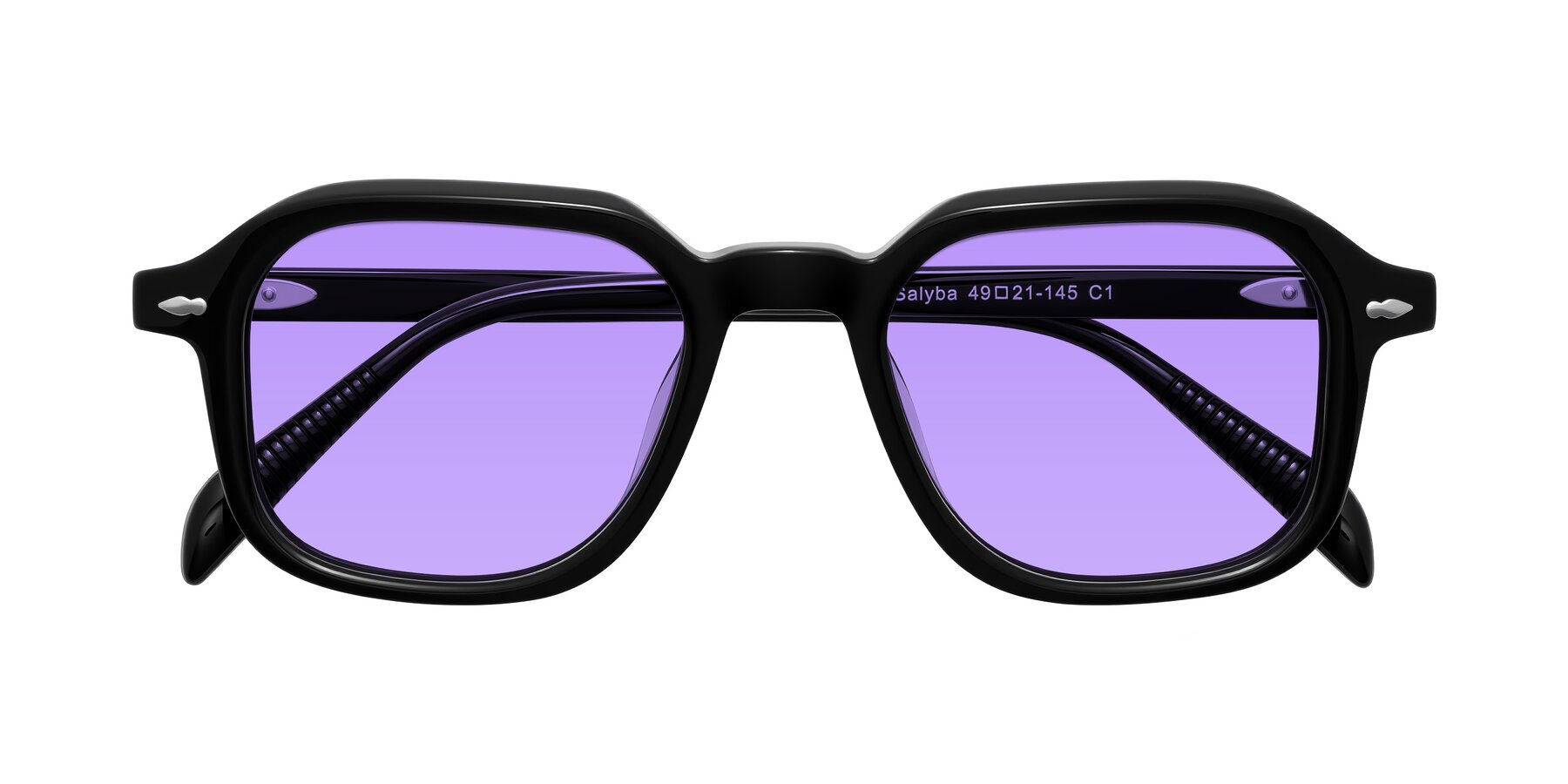 Folded Front of Salyba in Black with Medium Purple Tinted Lenses