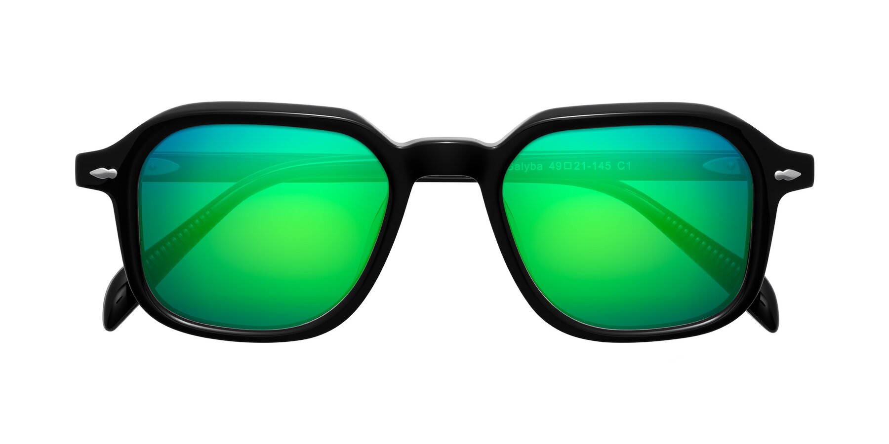 Folded Front of Salyba in Black with Green Mirrored Lenses