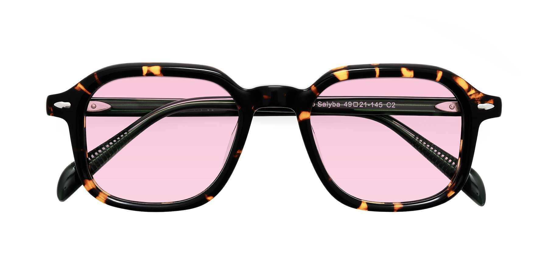 Folded Front of Salyba in Tortoise/Green with Light Pink Tinted Lenses