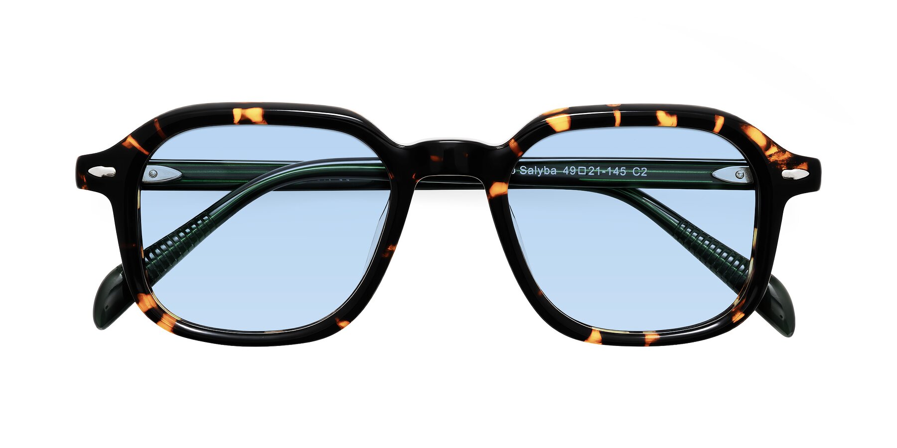 Folded Front of Salyba in Tortoise/Green with Light Blue Tinted Lenses