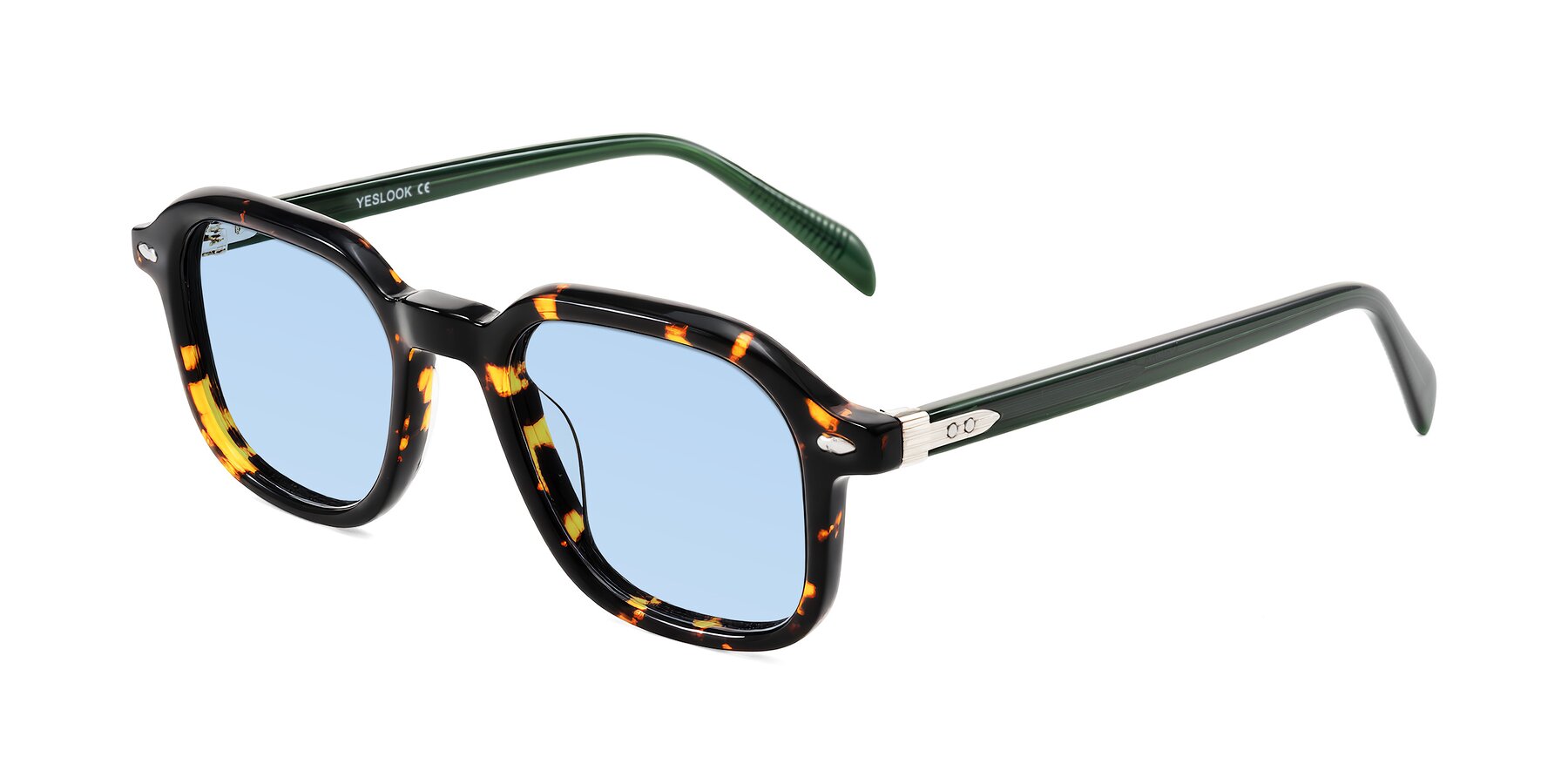 Angle of Salyba in Tortoise/Green with Light Blue Tinted Lenses