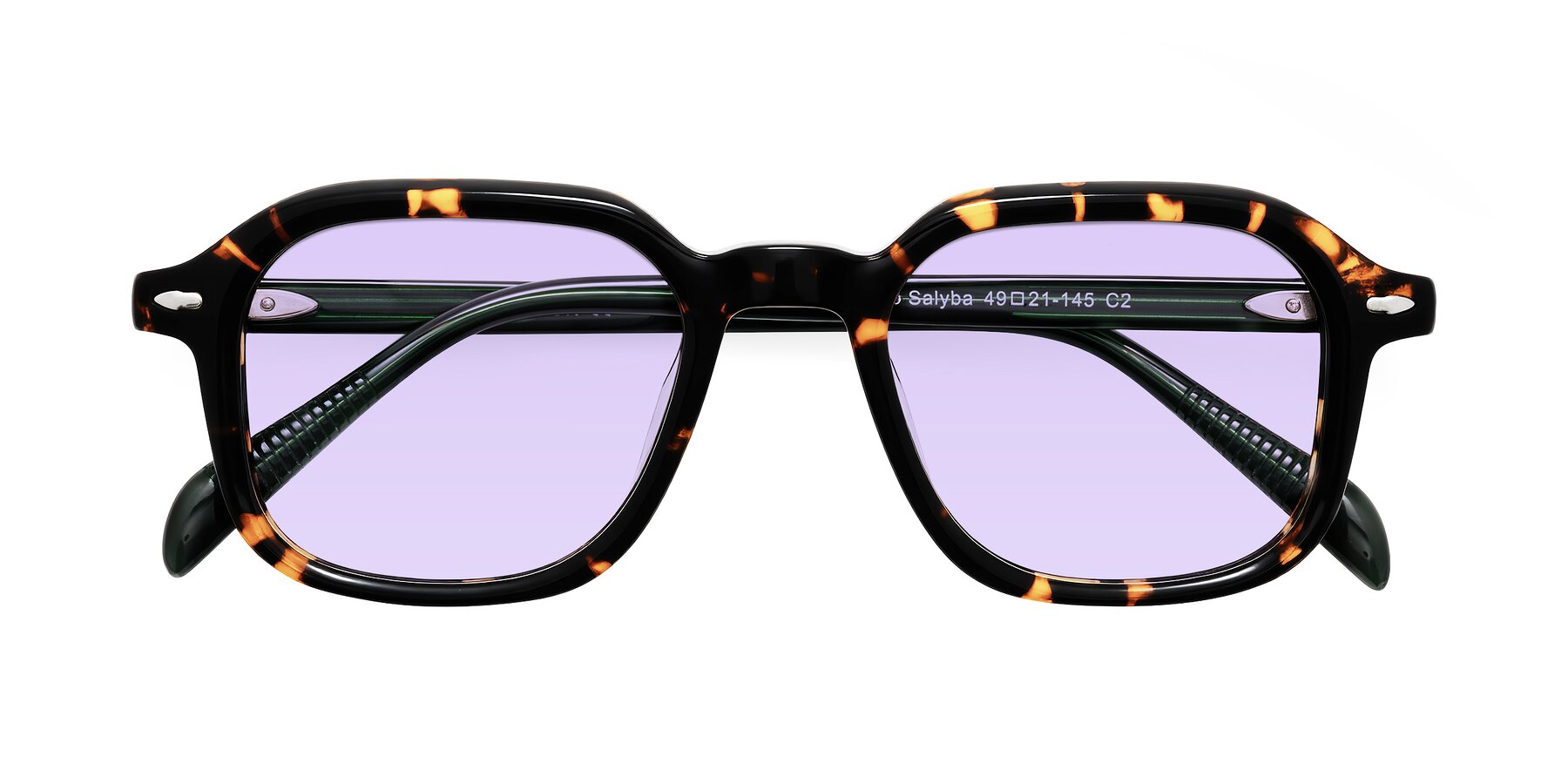 Folded Front of Salyba in Tortoise/Green with Light Purple Tinted Lenses