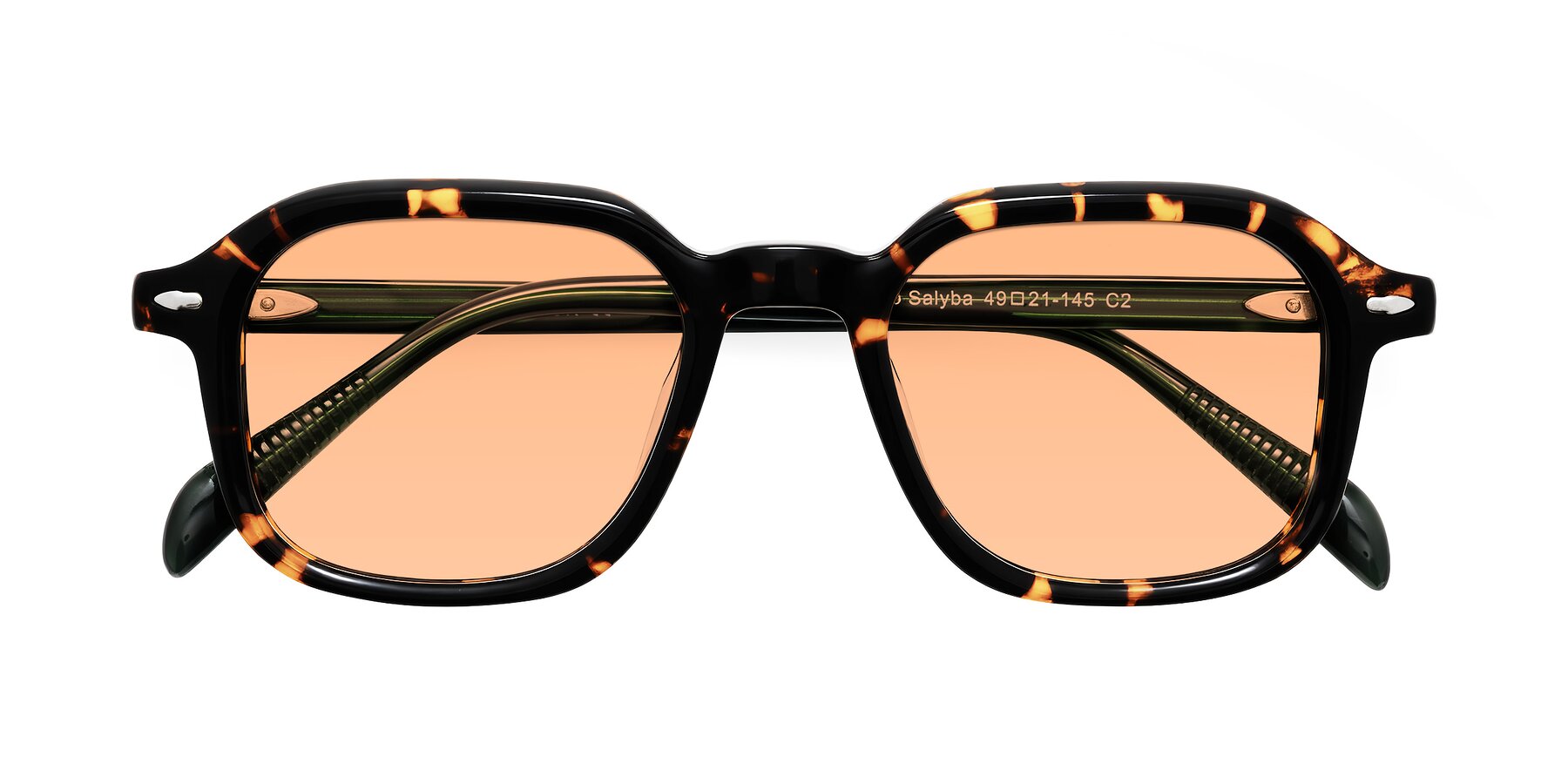 Folded Front of Salyba in Tortoise/Green with Light Orange Tinted Lenses