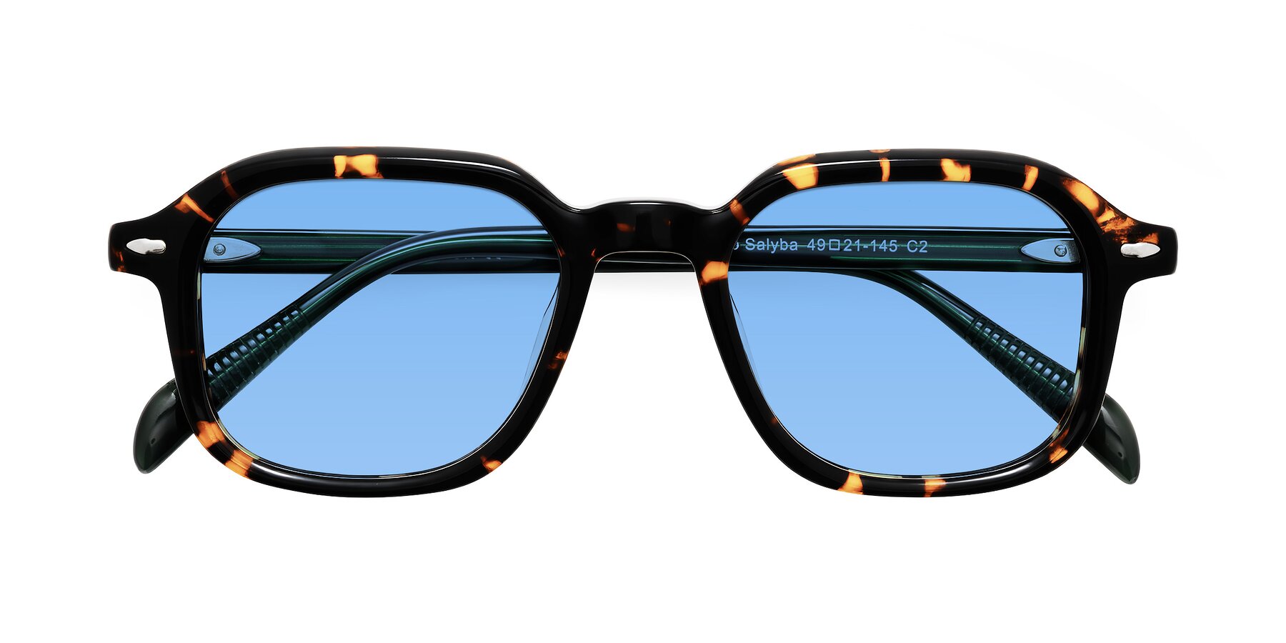 Folded Front of Salyba in Tortoise/Green with Medium Blue Tinted Lenses