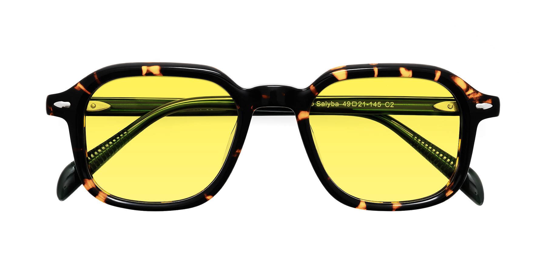 Folded Front of Salyba in Tortoise/Green with Medium Yellow Tinted Lenses