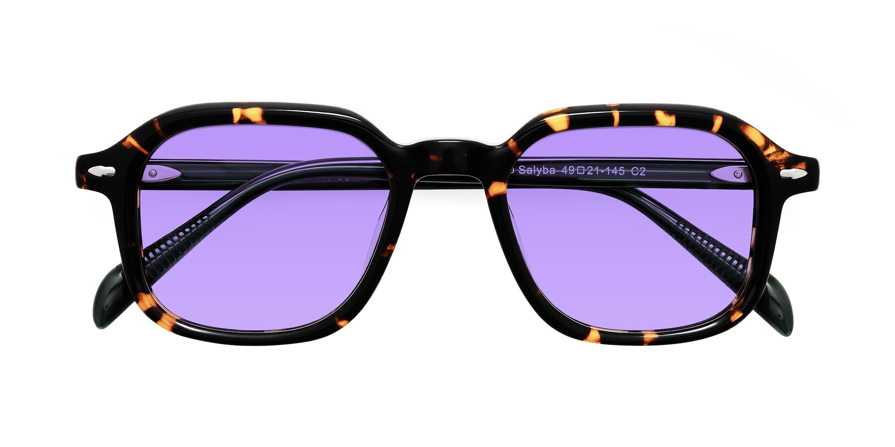 Folded Front of Salyba in Tortoise/Green with Medium Purple Tinted Lenses