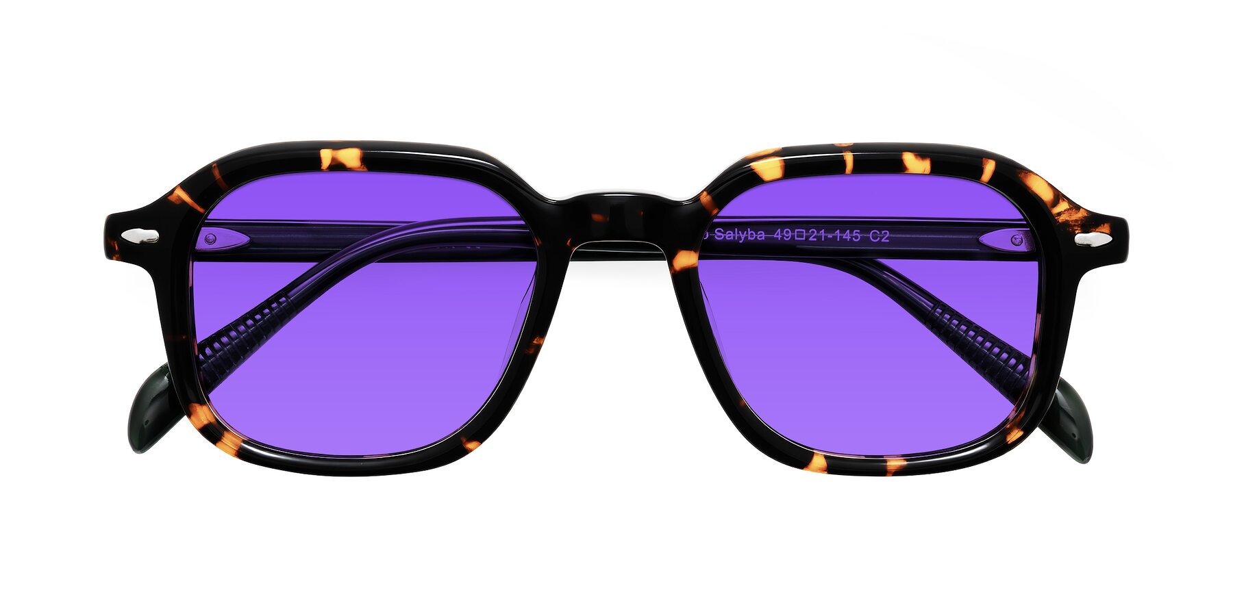 Folded Front of Salyba in Tortoise/Green with Purple Tinted Lenses