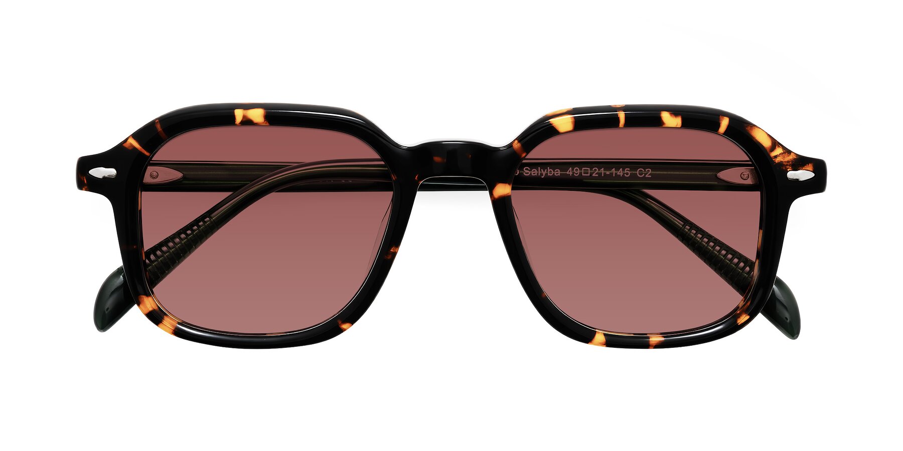 Folded Front of Salyba in Tortoise/Green with Garnet Tinted Lenses