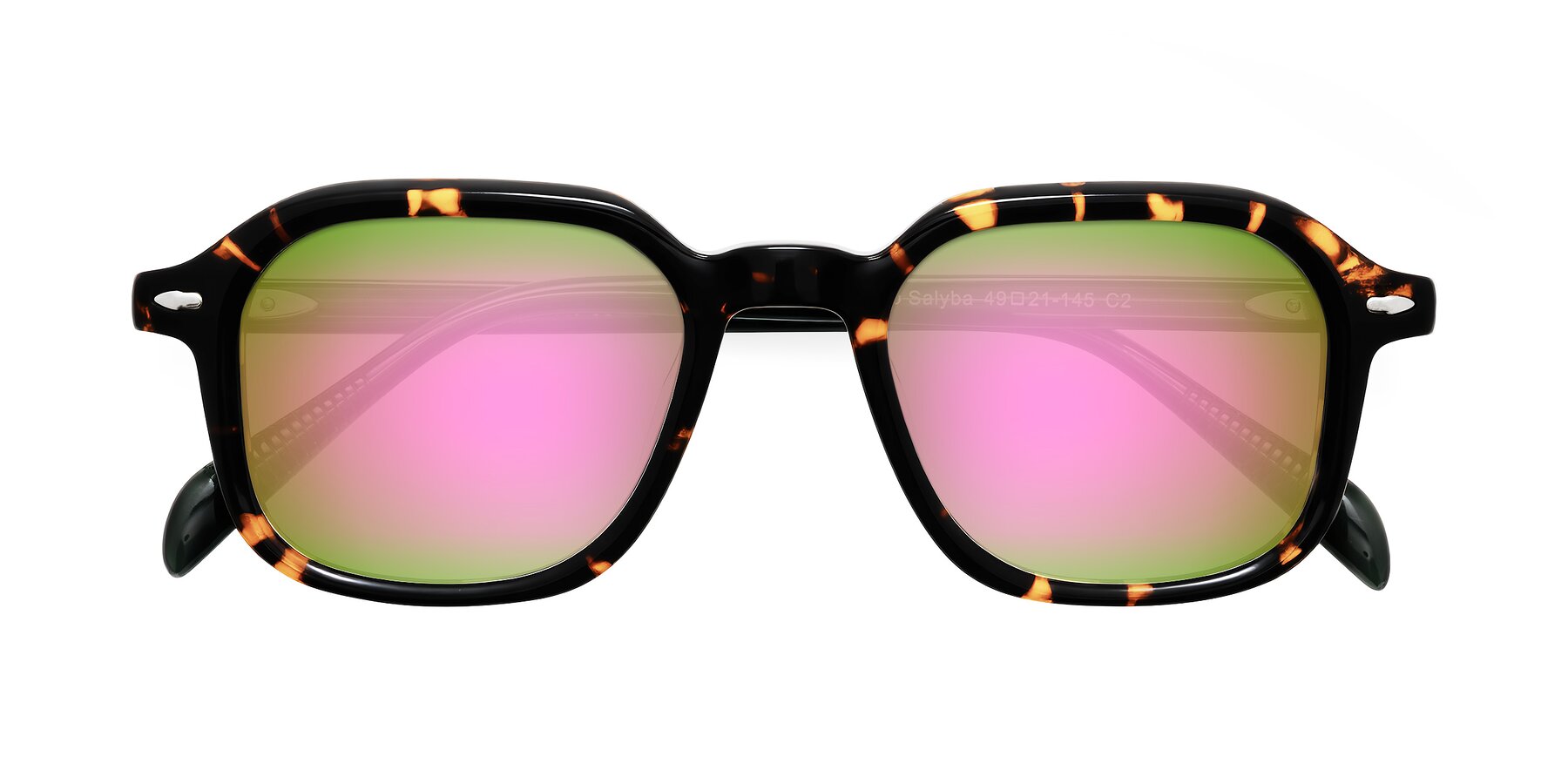 Folded Front of Salyba in Tortoise/Green with Pink Mirrored Lenses