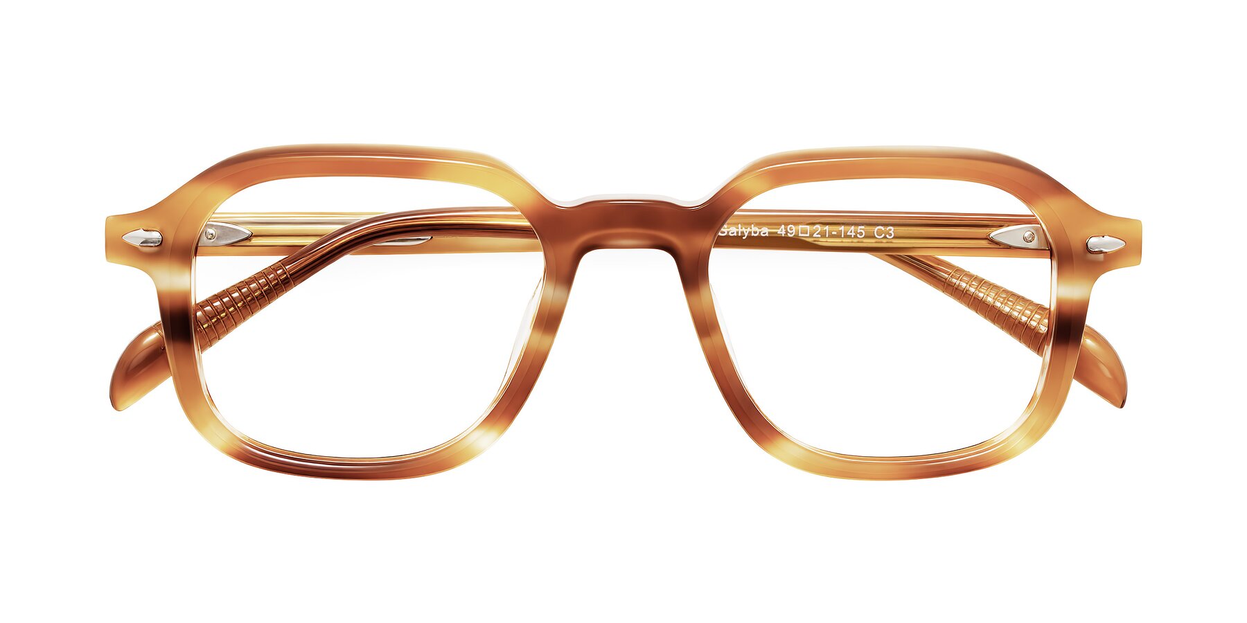 Folded Front of Salyba in Amber Striped with Clear Reading Eyeglass Lenses