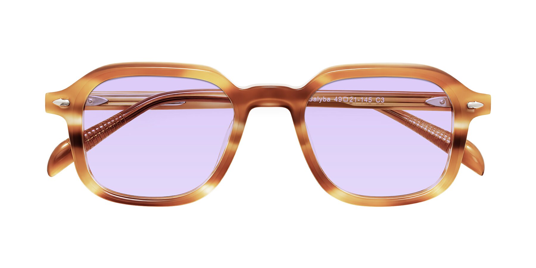 Folded Front of Salyba in Amber Striped with Light Purple Tinted Lenses