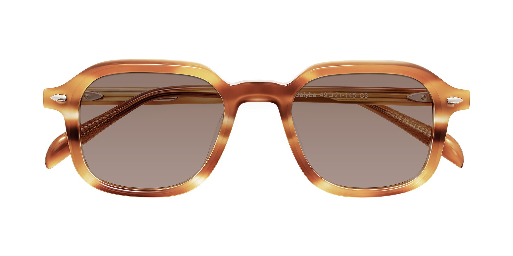 Folded Front of Salyba in Amber Striped with Medium Brown Tinted Lenses