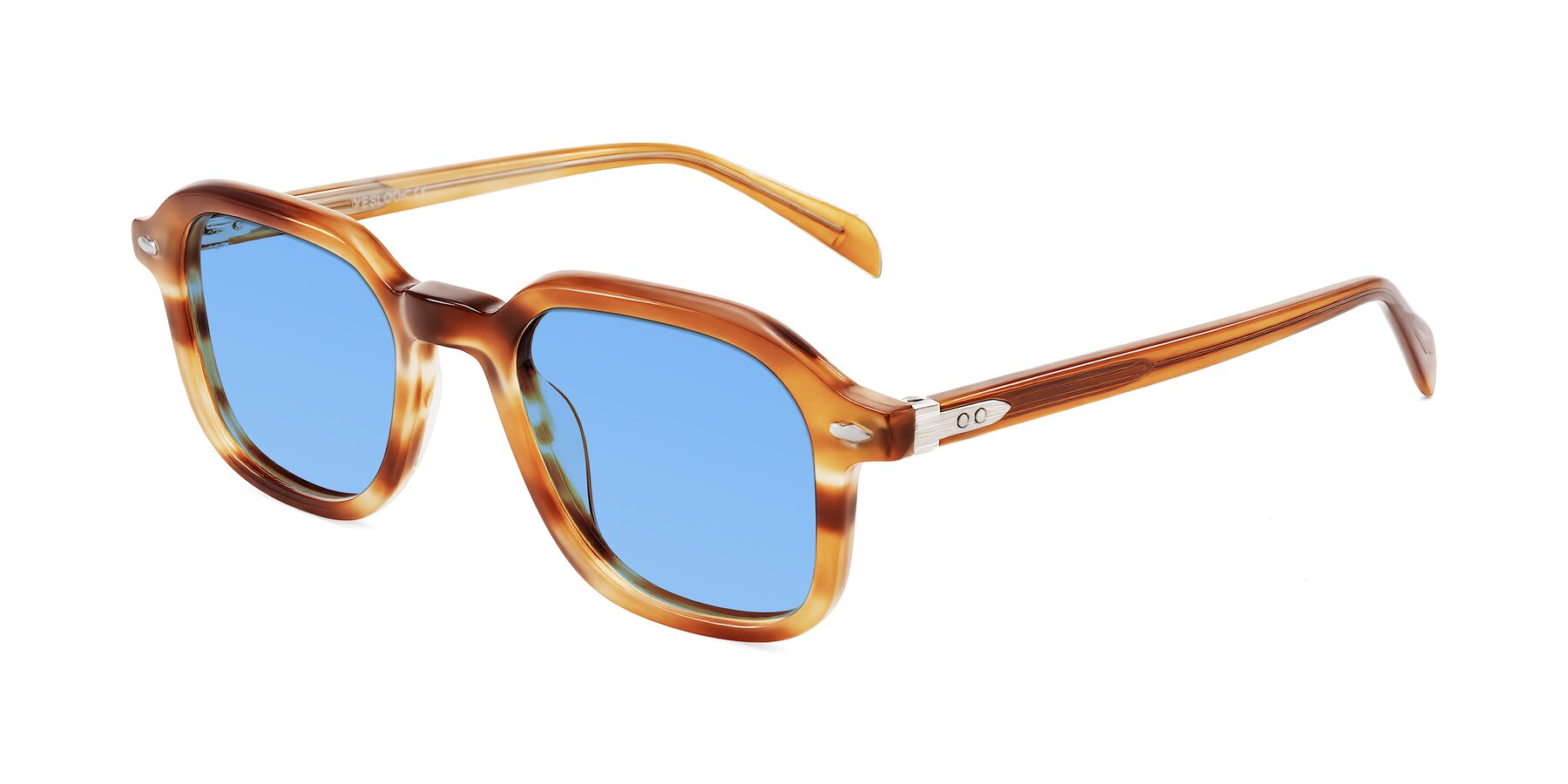 Angle of Salyba in Amber Striped with Medium Blue Tinted Lenses