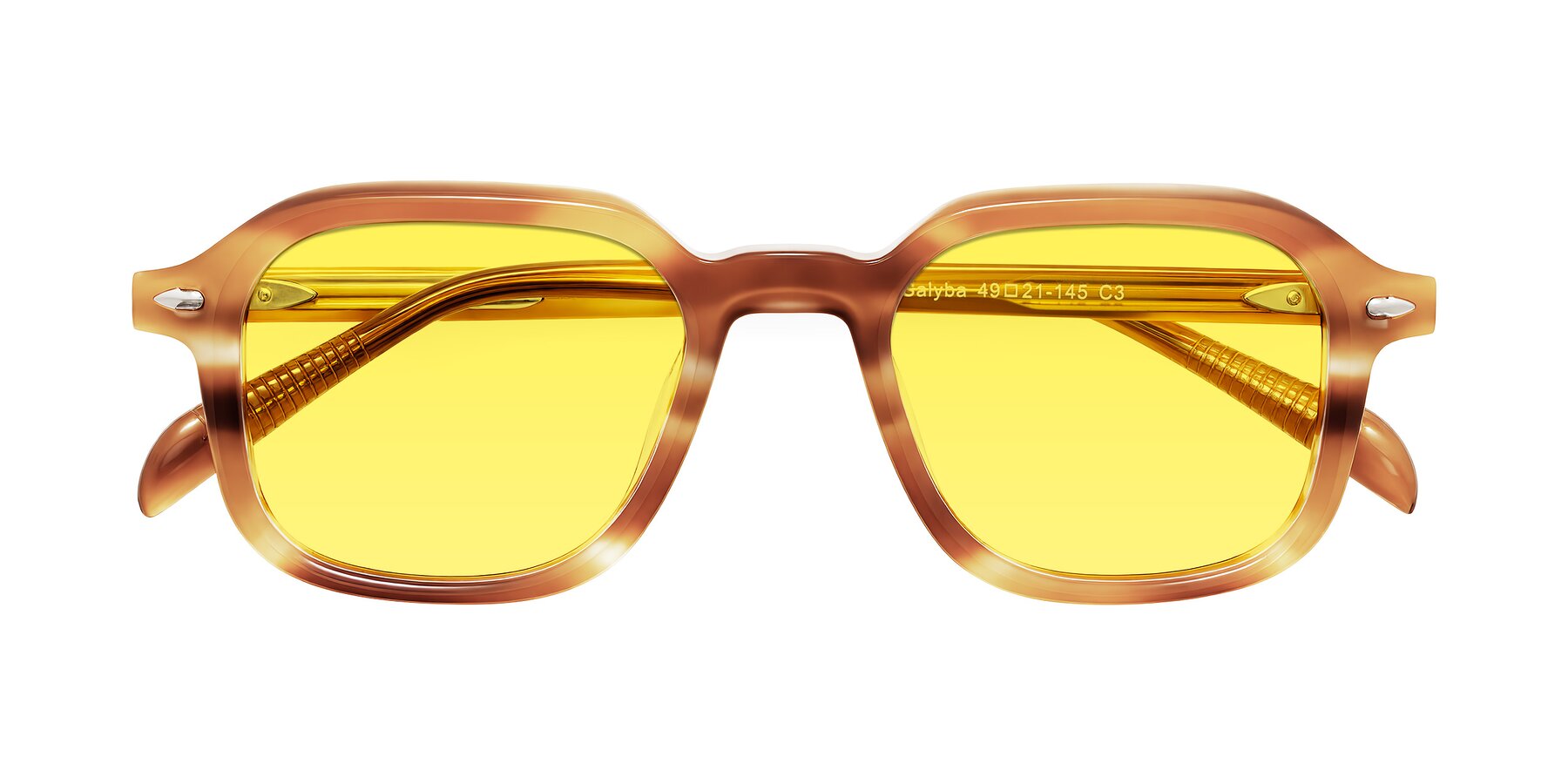 Folded Front of Salyba in Amber Striped with Medium Yellow Tinted Lenses