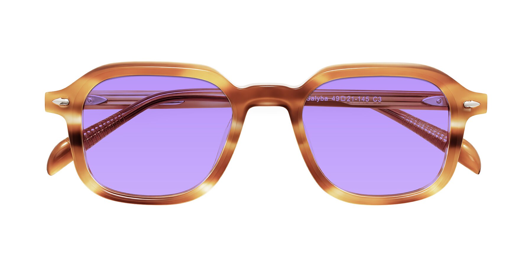 Folded Front of Salyba in Amber Striped with Medium Purple Tinted Lenses