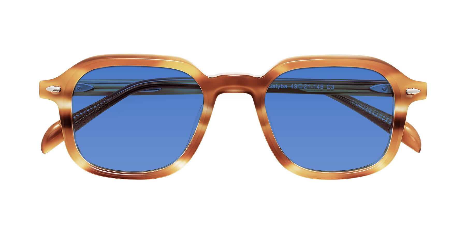 Folded Front of Salyba in Amber Striped with Blue Tinted Lenses