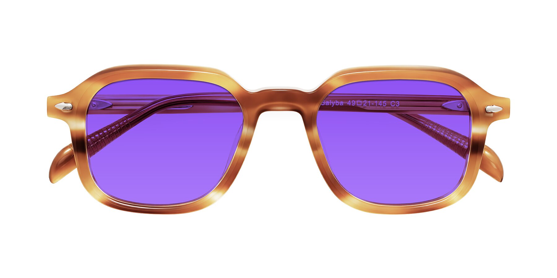 Folded Front of Salyba in Amber Striped with Purple Tinted Lenses