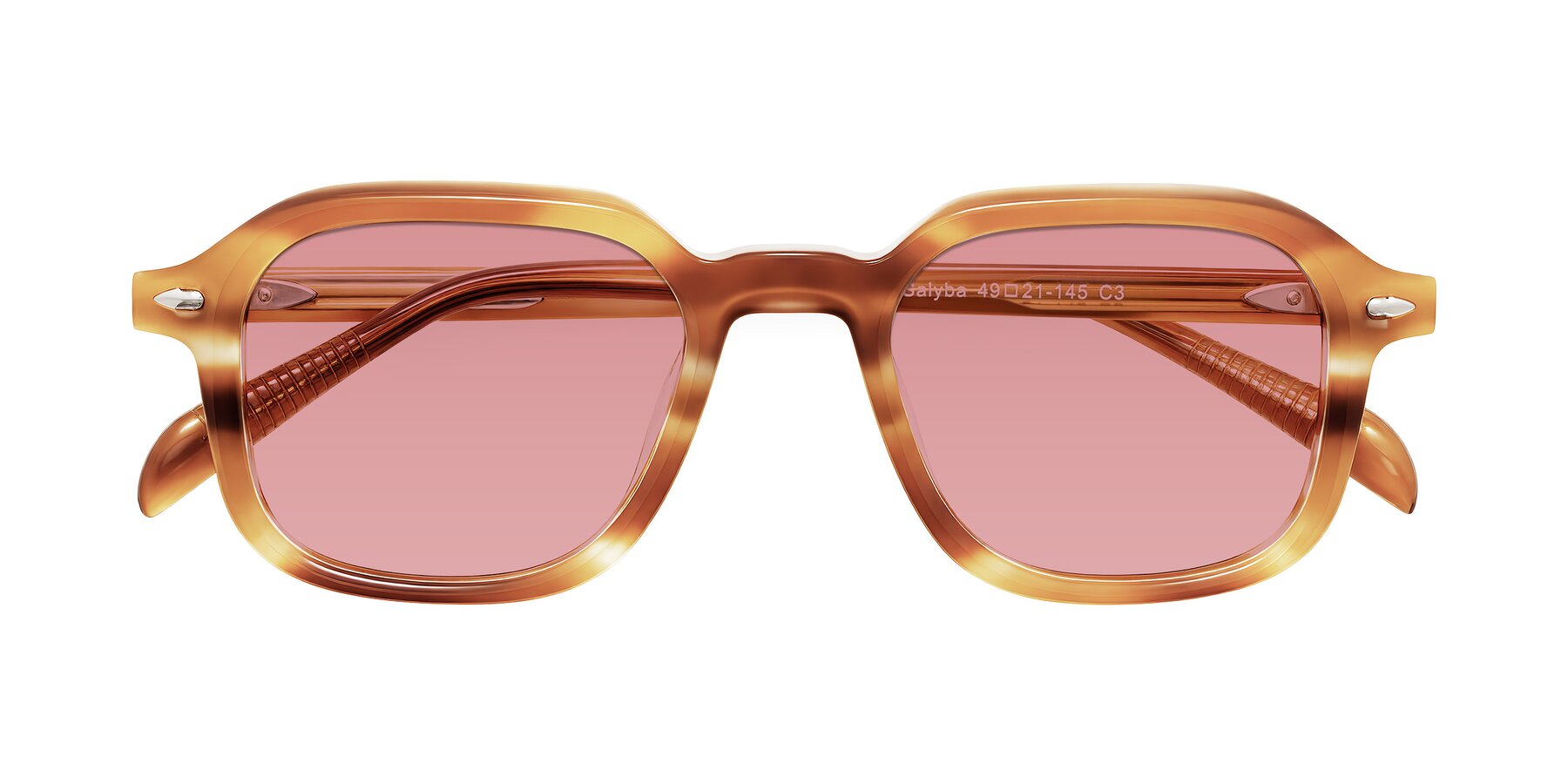 Folded Front of Salyba in Amber Striped with Medium Garnet Tinted Lenses