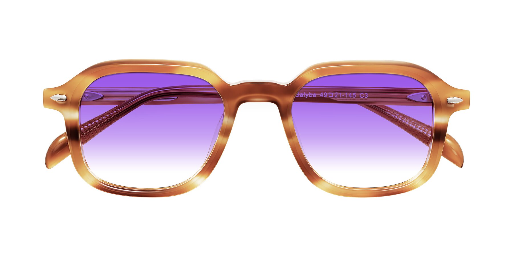 Folded Front of Salyba in Amber Striped with Purple Gradient Lenses