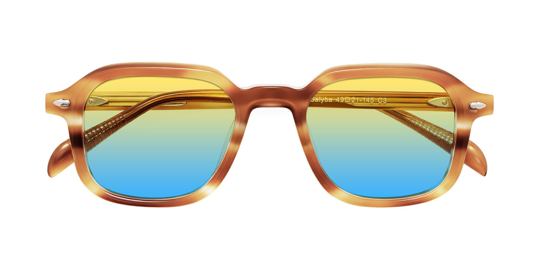 Folded Front of Salyba in Amber Striped with Yellow / Blue Gradient Lenses