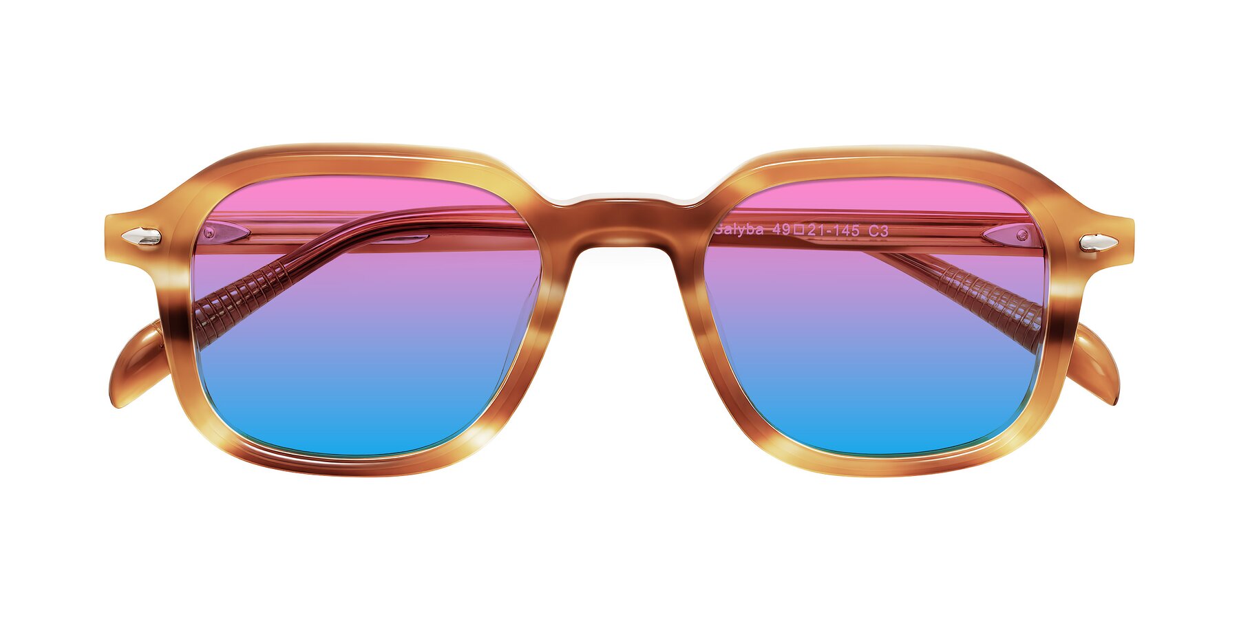 Folded Front of Salyba in Amber Striped with Pink / Blue Gradient Lenses
