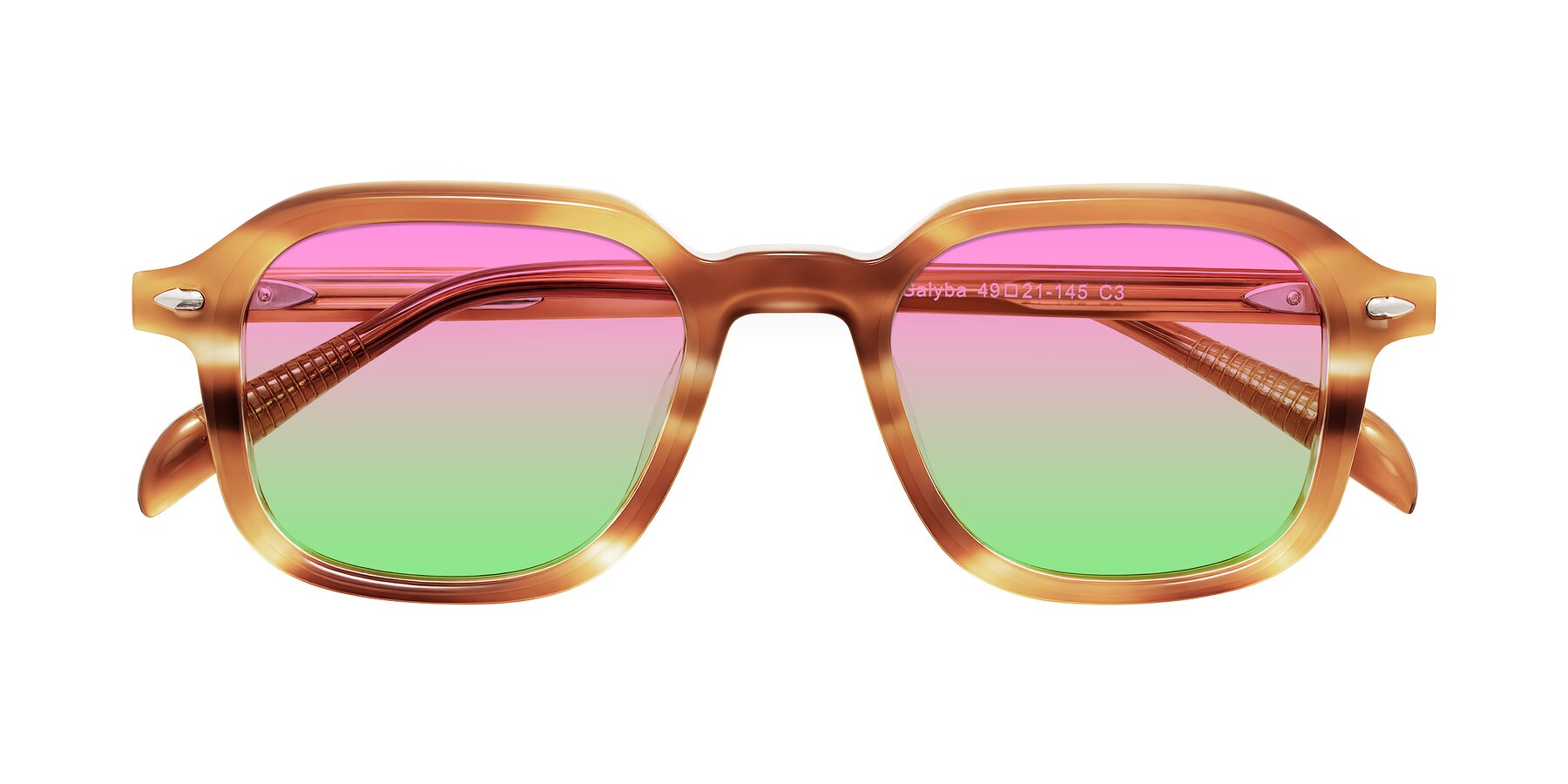 Folded Front of Salyba in Amber Striped with Pink / Green Gradient Lenses
