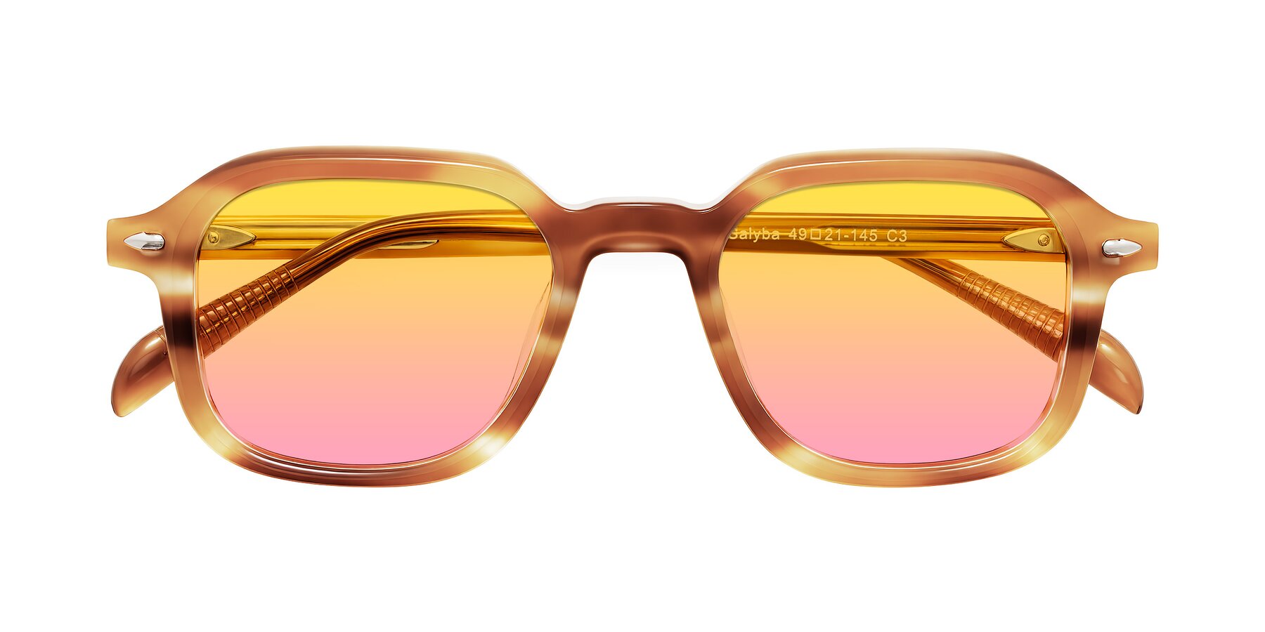 Folded Front of Salyba in Amber Striped with Yellow / Pink Gradient Lenses