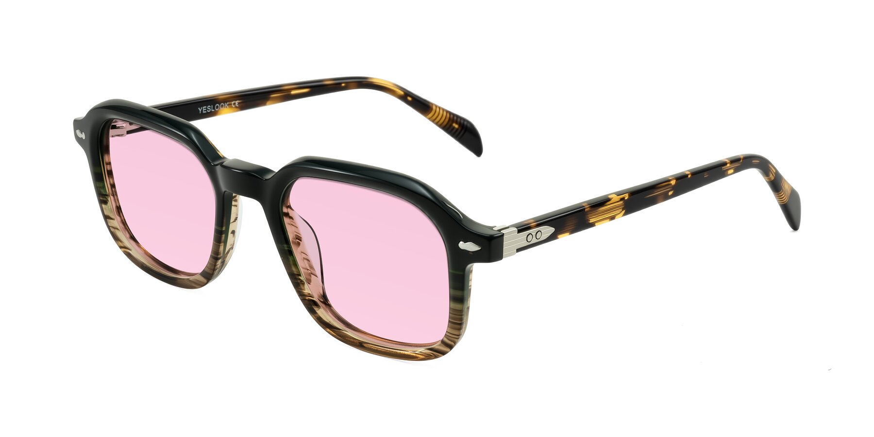 Angle of Salyba in Dark Green/Brown Striped with Light Pink Tinted Lenses