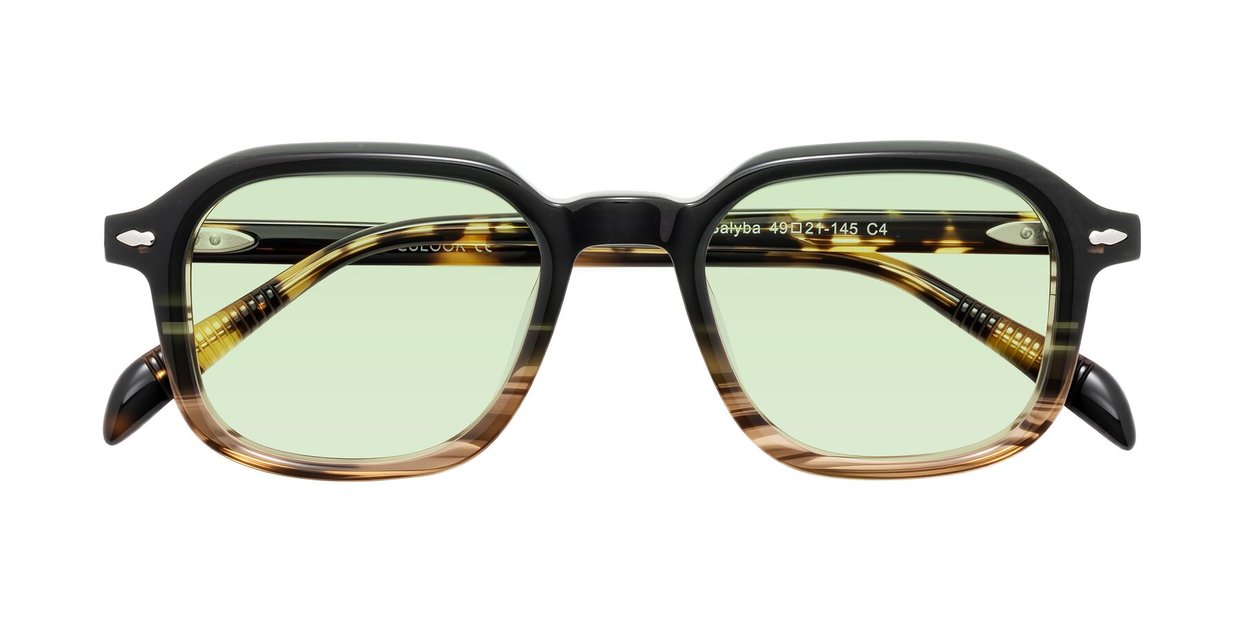Folded Front of Salyba in Dark Green/Brown Striped with Light Green Tinted Lenses