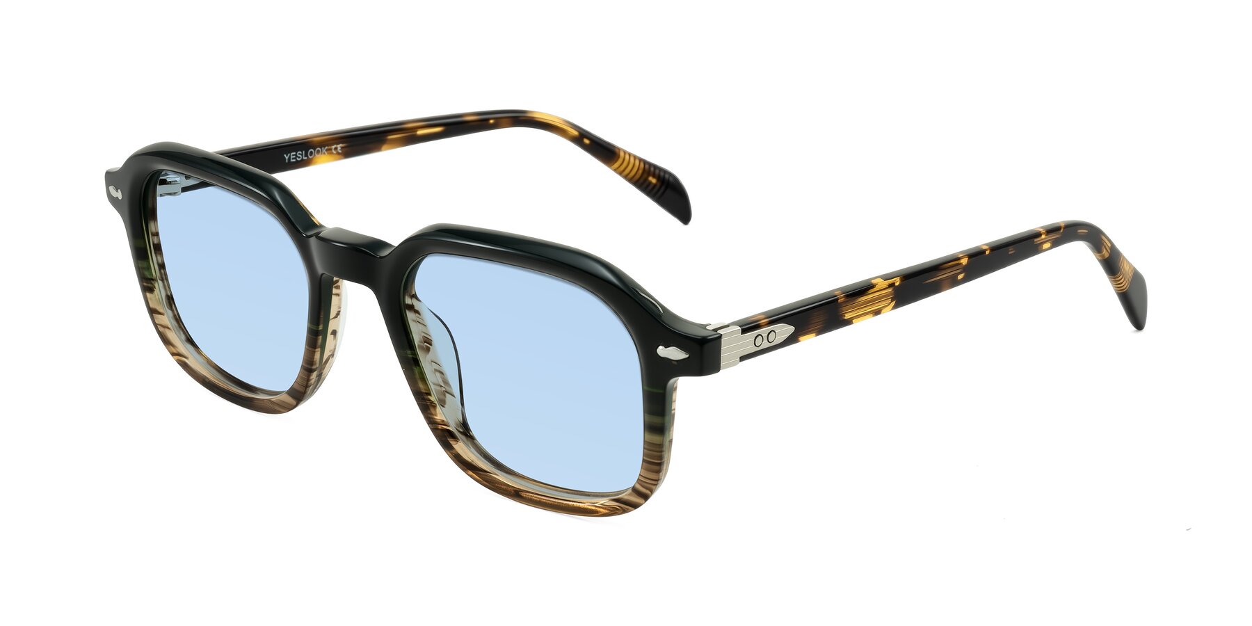 Angle of Salyba in Dark Green/Brown Striped with Light Blue Tinted Lenses