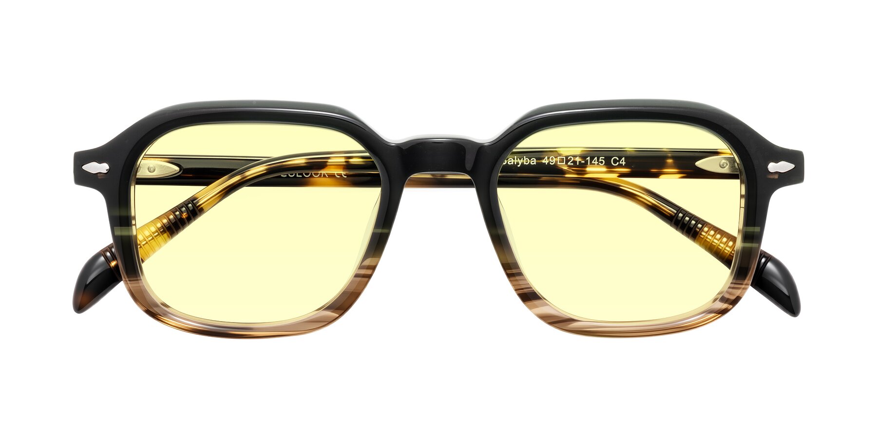 Folded Front of Salyba in Dark Green/Brown Striped with Light Yellow Tinted Lenses
