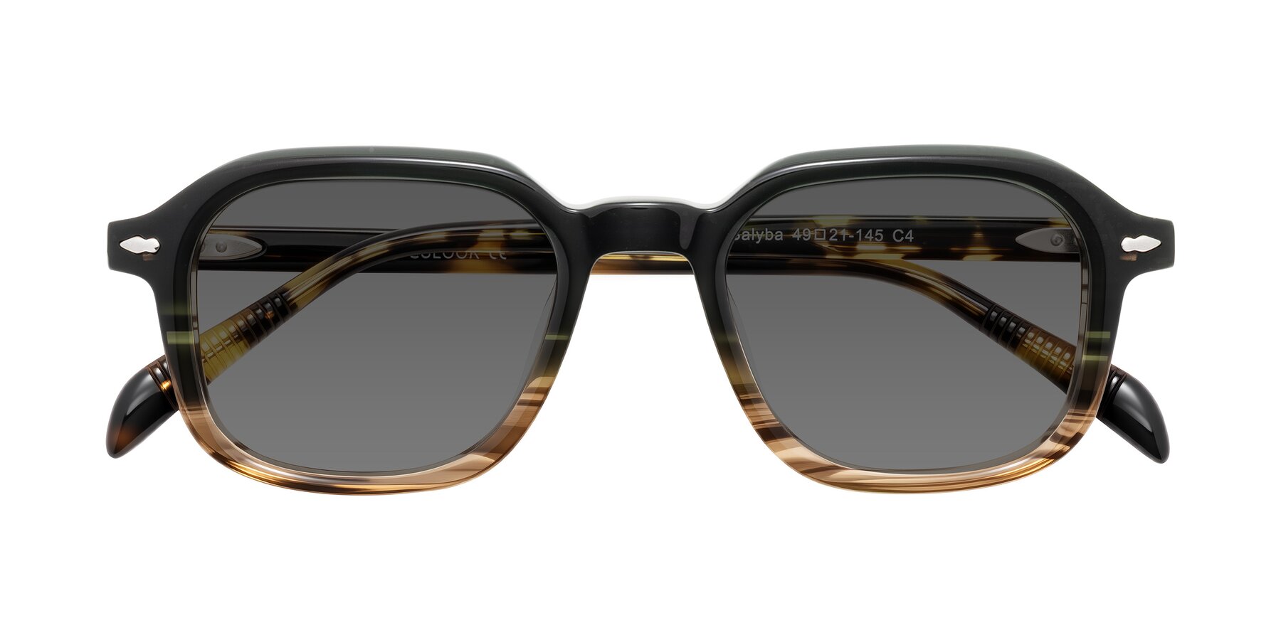 Folded Front of Salyba in Dark Green/Brown Striped with Medium Gray Tinted Lenses