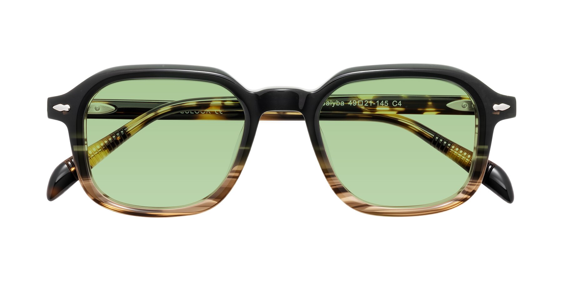 Folded Front of Salyba in Dark Green/Brown Striped with Medium Green Tinted Lenses