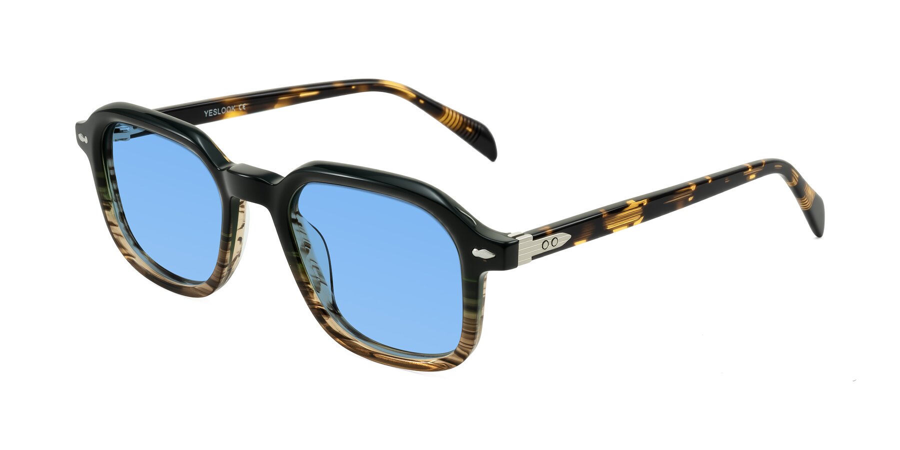 Angle of Salyba in Dark Green/Brown Striped with Medium Blue Tinted Lenses