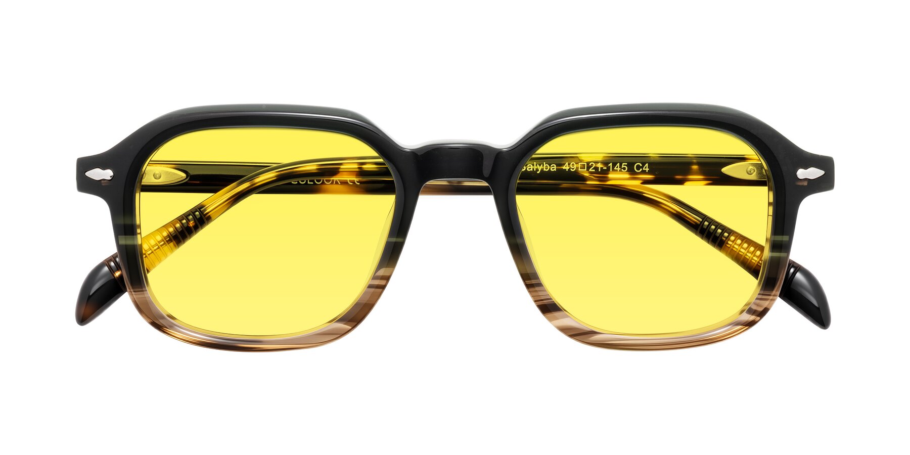 Folded Front of Salyba in Dark Green/Brown Striped with Medium Yellow Tinted Lenses