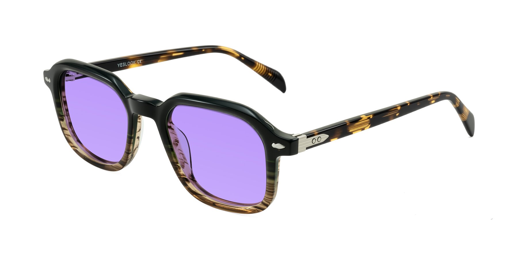 Angle of Salyba in Dark Green/Brown Striped with Medium Purple Tinted Lenses