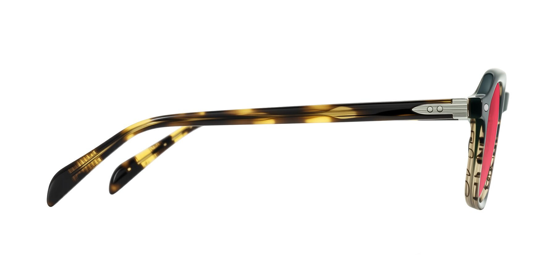 Side of Salyba in Dark Green/Brown Striped with Red Tinted Lenses