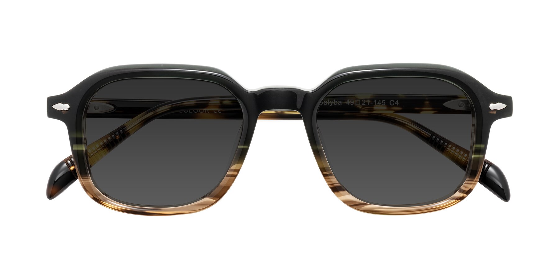 Folded Front of Salyba in Dark Green/Brown Striped with Gray Tinted Lenses