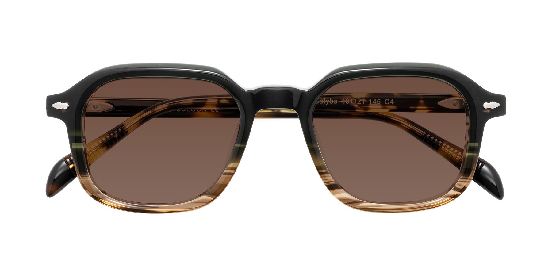 Folded Front of Salyba in Dark Green/Brown Striped with Brown Tinted Lenses