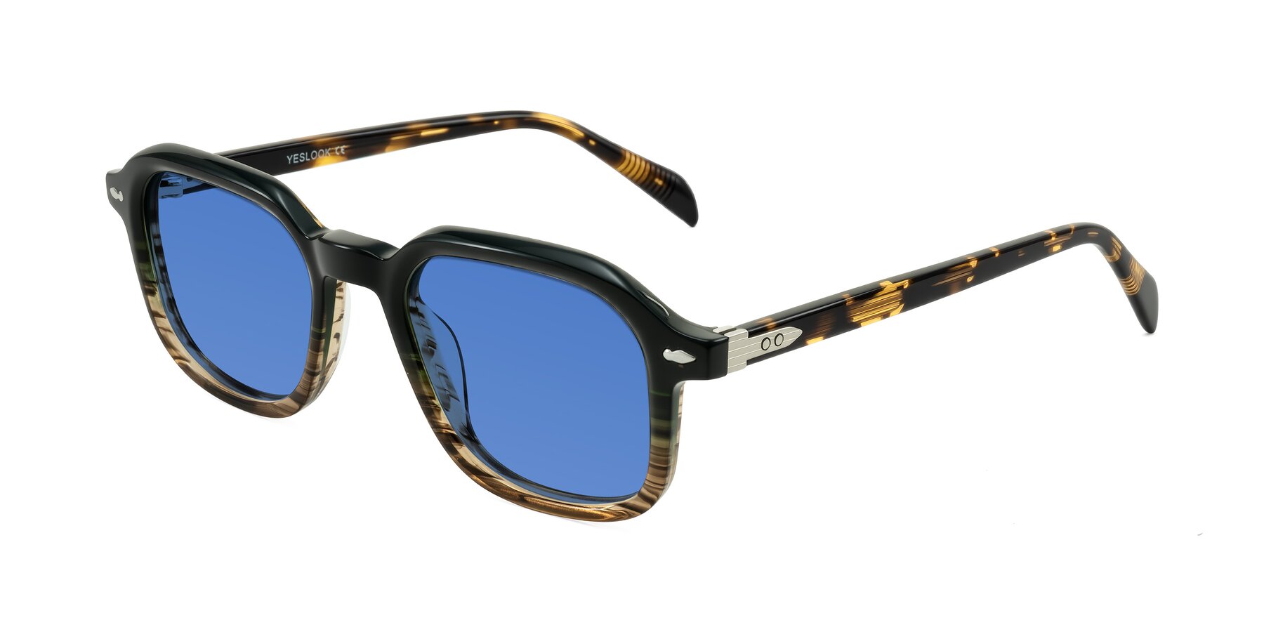 Angle of Salyba in Dark Green/Brown Striped with Blue Tinted Lenses