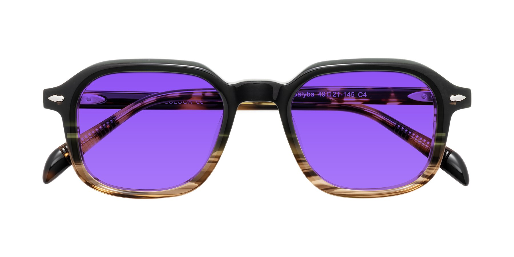 Folded Front of Salyba in Dark Green/Brown Striped with Purple Tinted Lenses