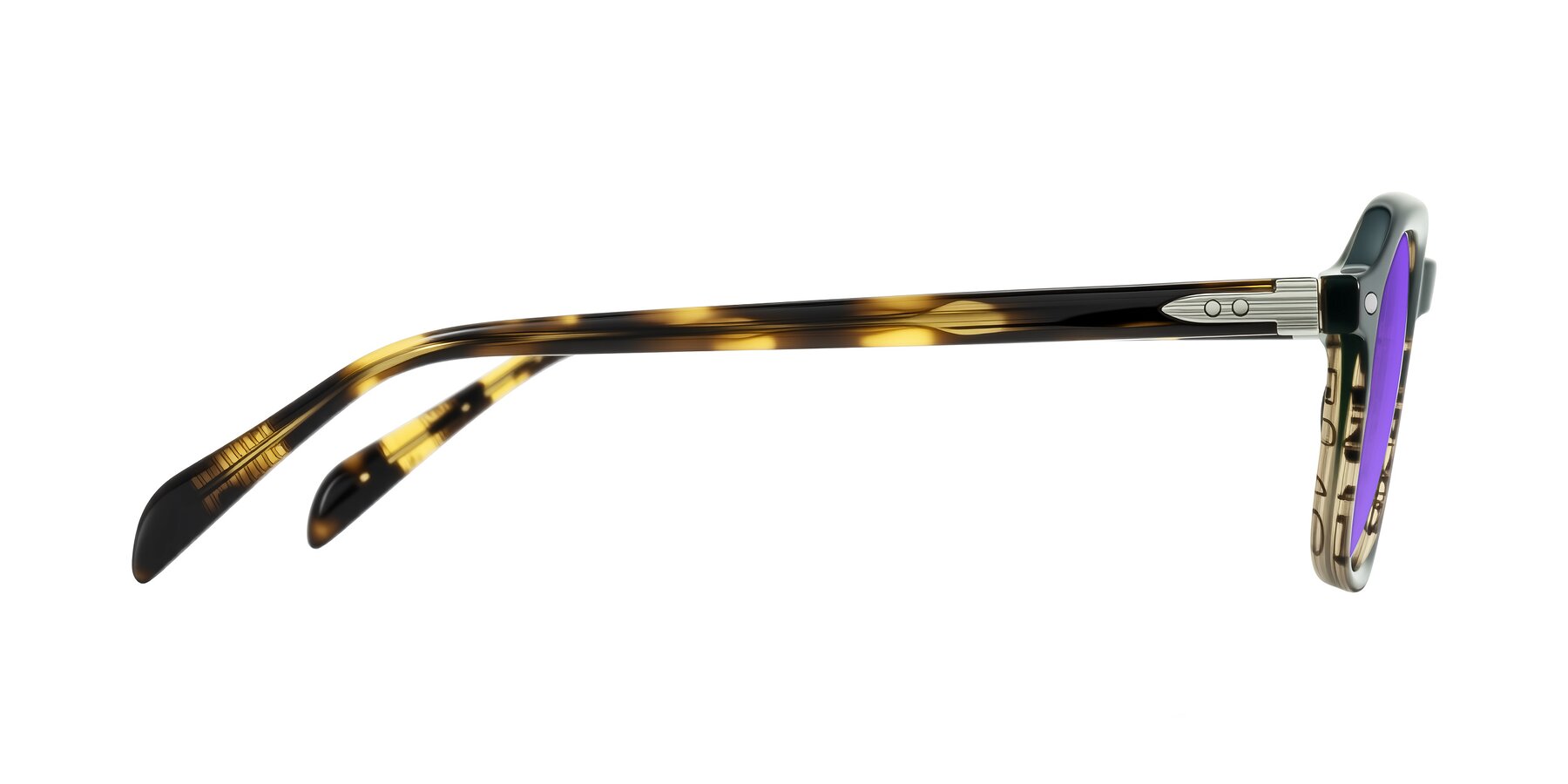 Side of Salyba in Dark Green/Brown Striped with Purple Tinted Lenses