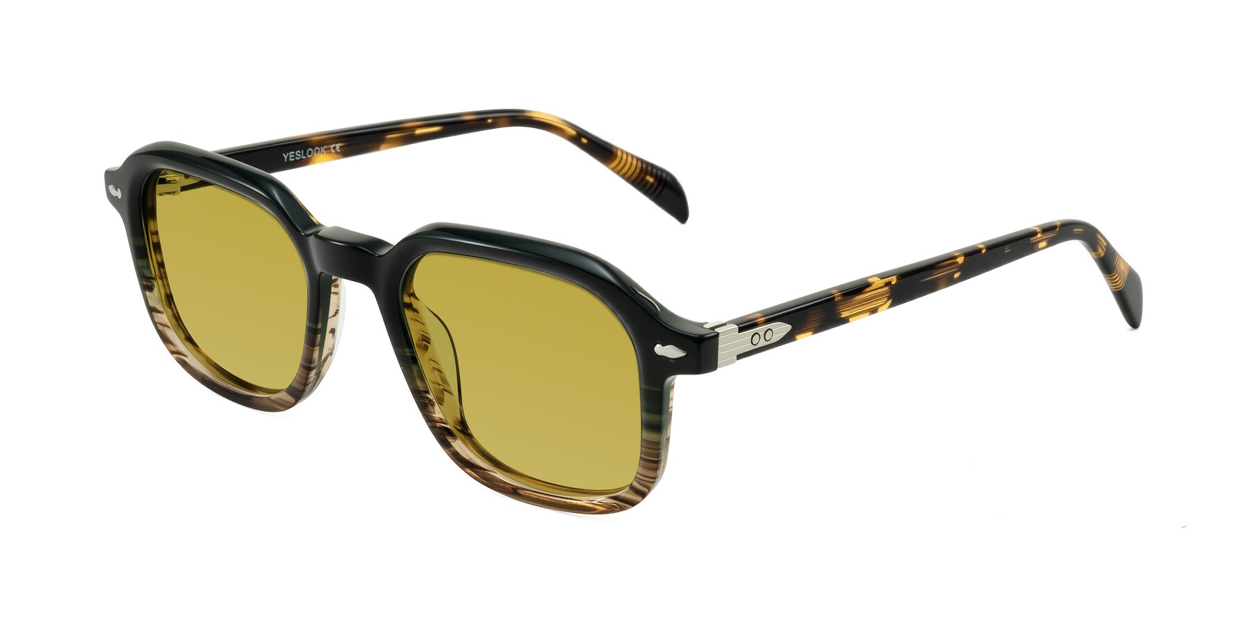 Angle of Salyba in Dark Green/Brown Striped with Champagne Tinted Lenses