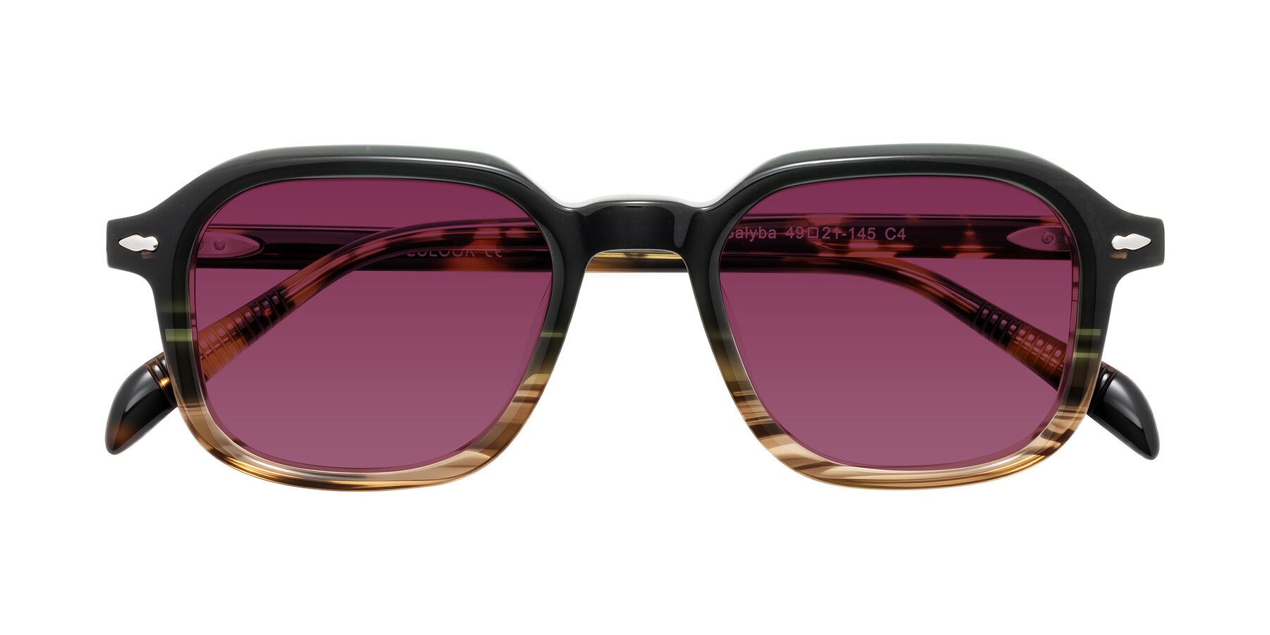 Folded Front of Salyba in Dark Green/Brown Striped with Wine Tinted Lenses