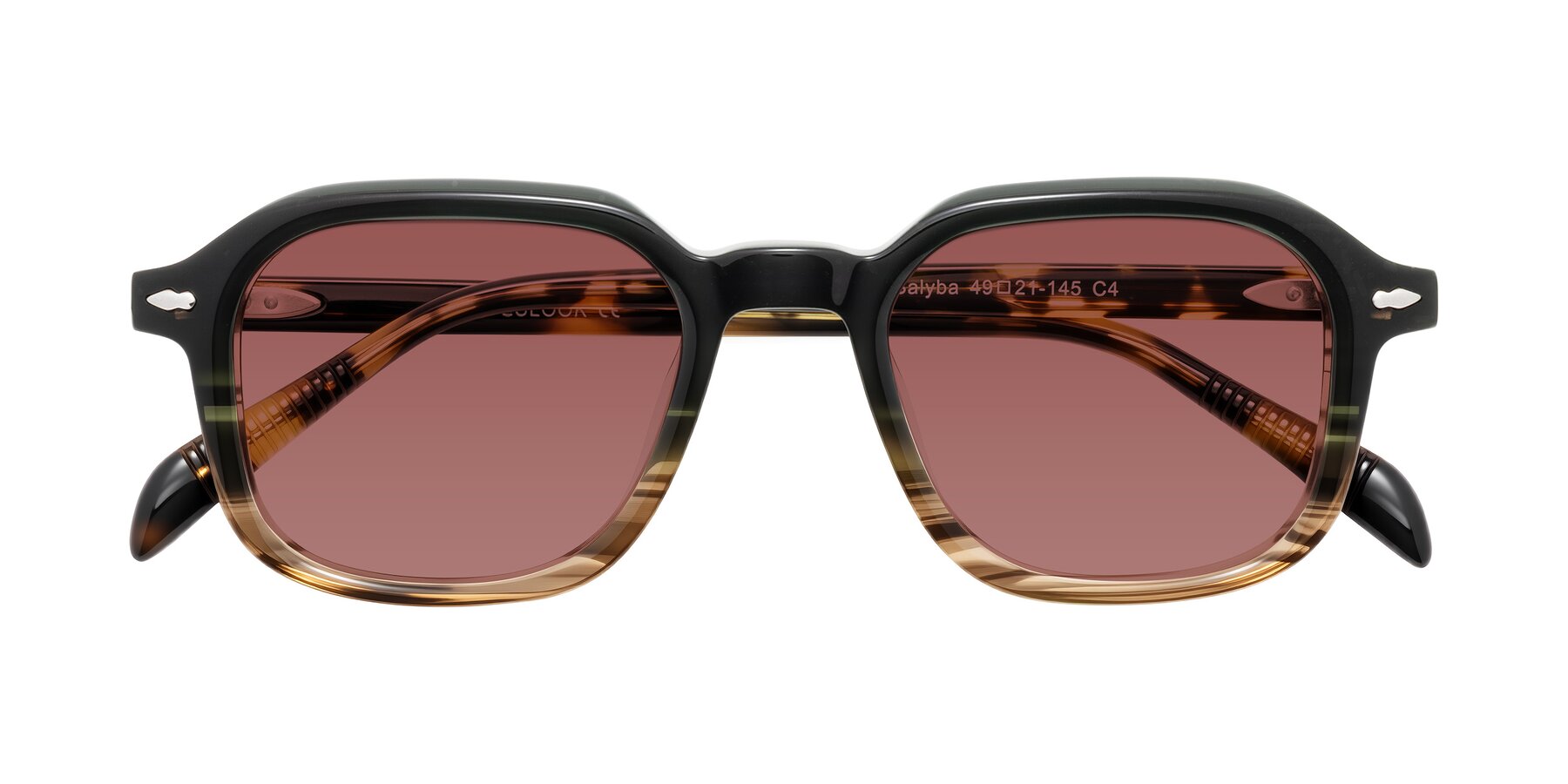 Folded Front of Salyba in Dark Green/Brown Striped with Garnet Tinted Lenses