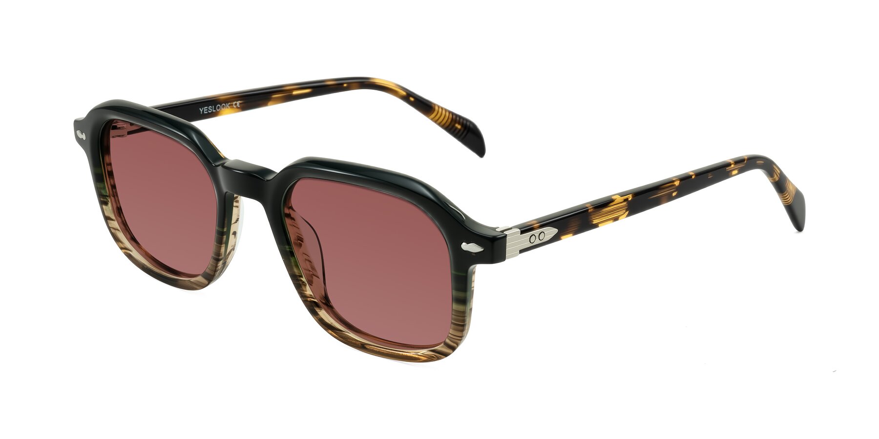 Angle of Salyba in Dark Green/Brown Striped with Garnet Tinted Lenses