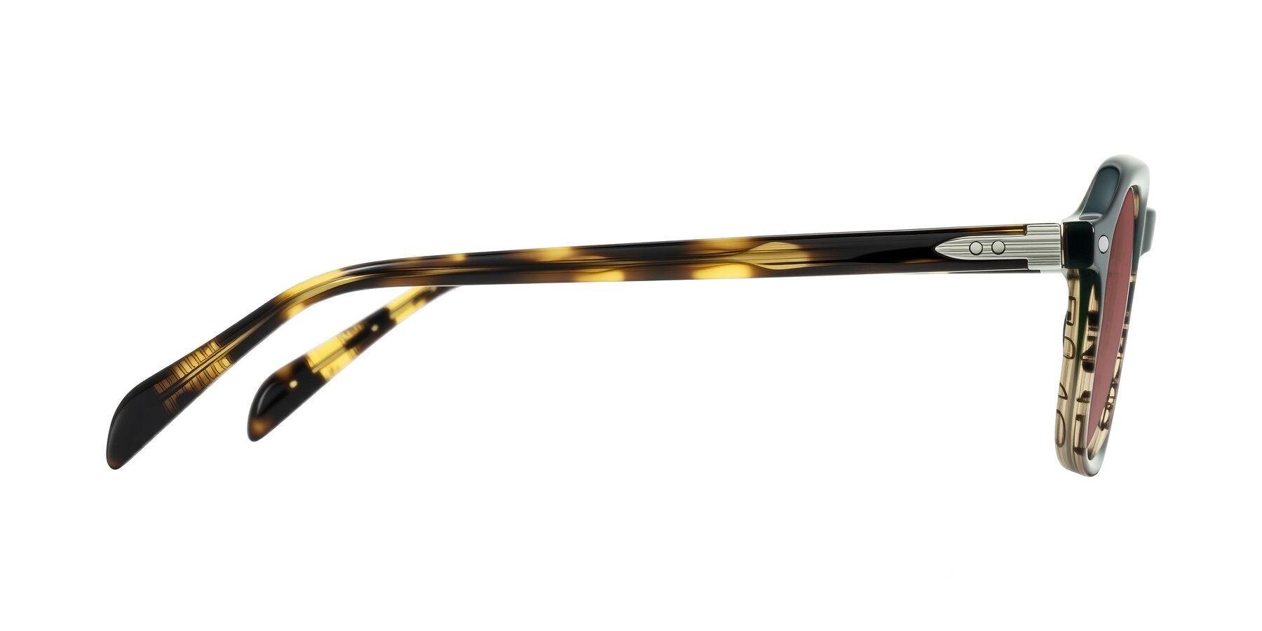 Side of Salyba in Dark Green/Brown Striped with Garnet Tinted Lenses