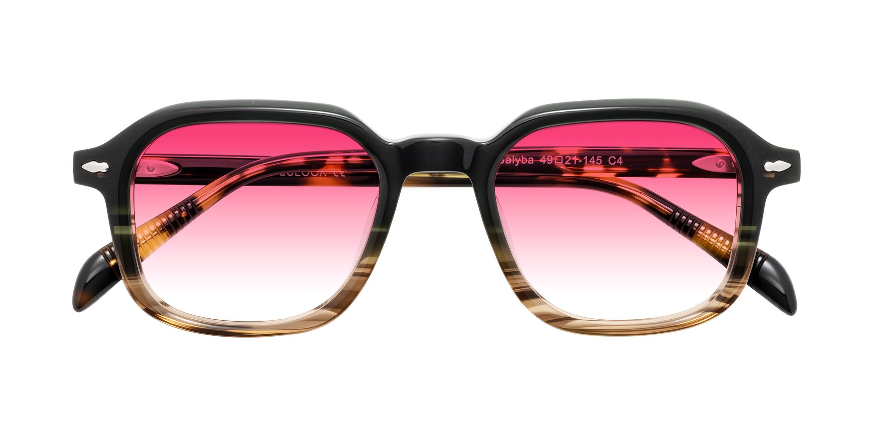 Folded Front of Salyba in Dark Green/Brown Striped with Pink Gradient Lenses